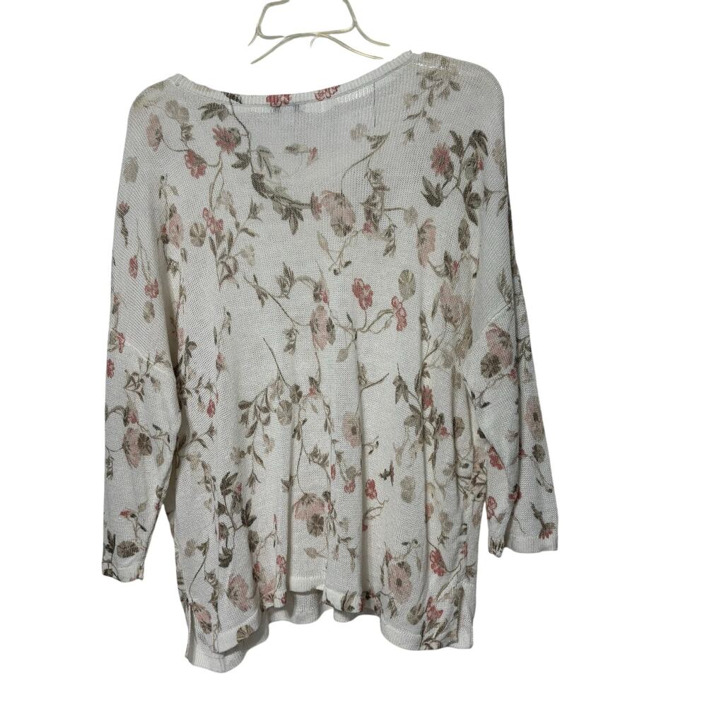 J Jill Open Knit Ladies Sweater Lightweight White Floral Petite Large